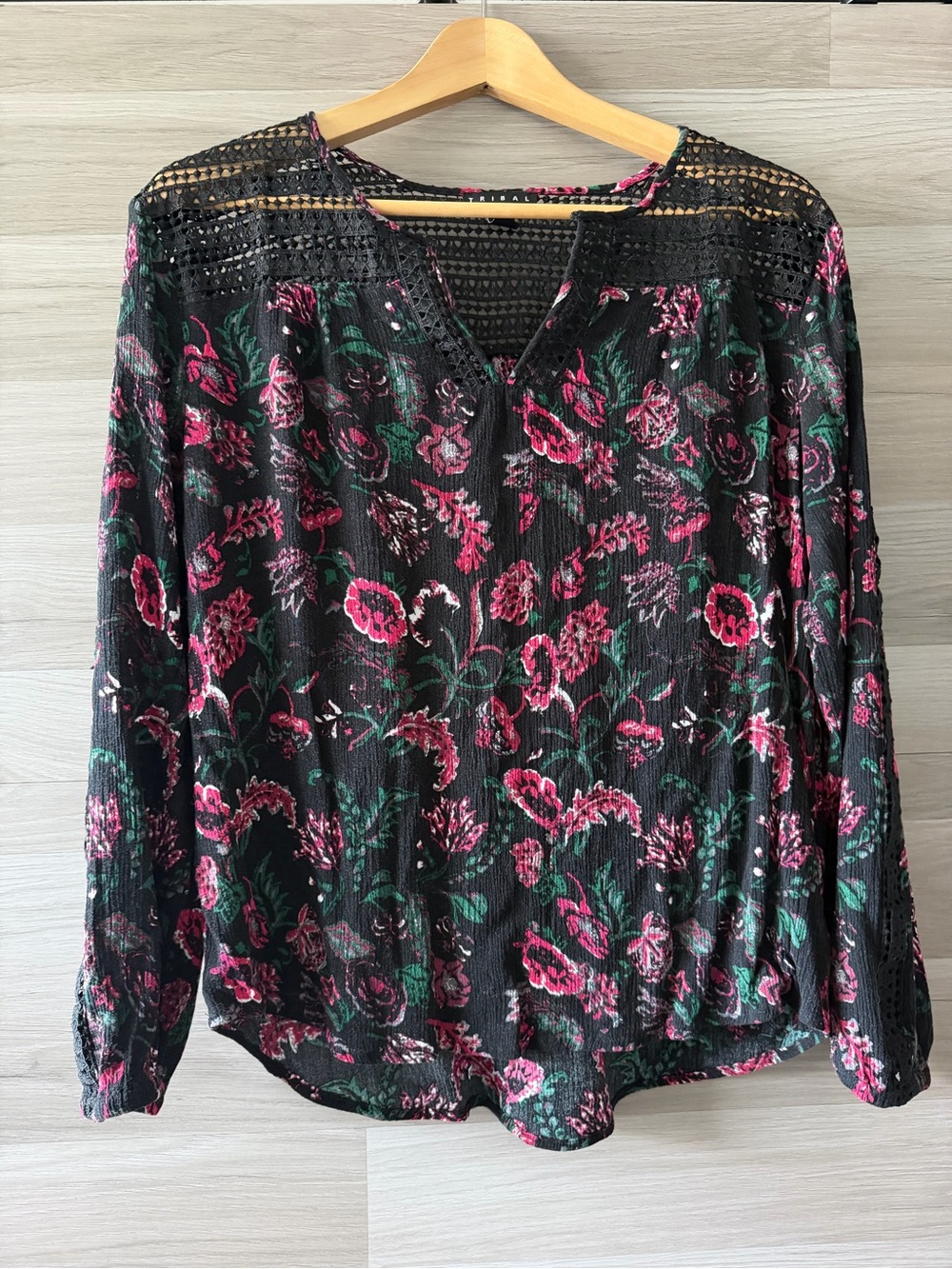 Tribal Floral Print Black Blouse with Lace Yoke and Long Sleeves
Size Large
